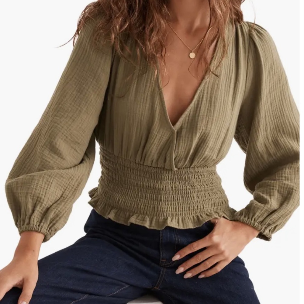 Madewell Julianne Lightspun Smocked Waist Top xxs green